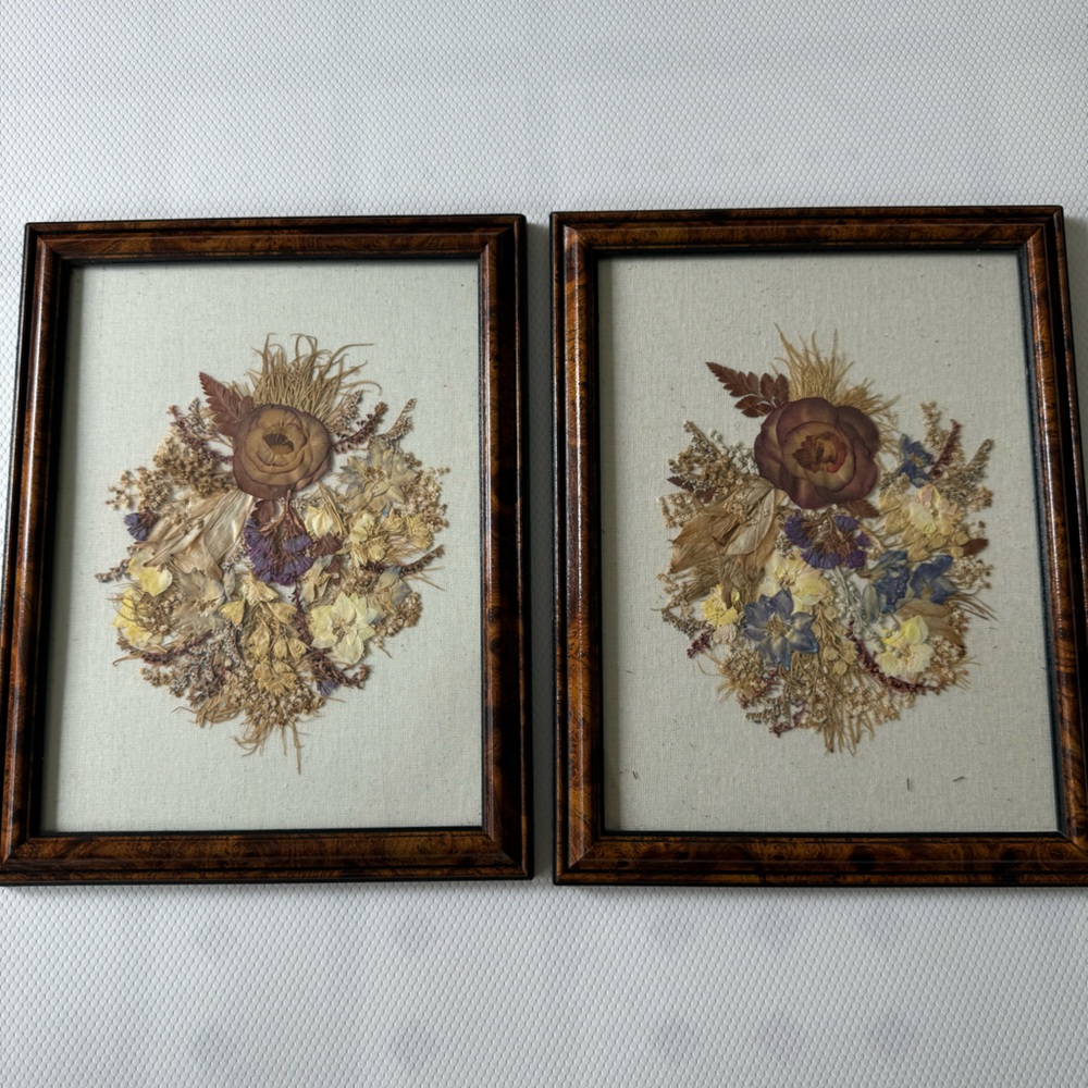 VINTAGE Handmade Pair of pressed flower pictures 10.5 x 13.5" ea